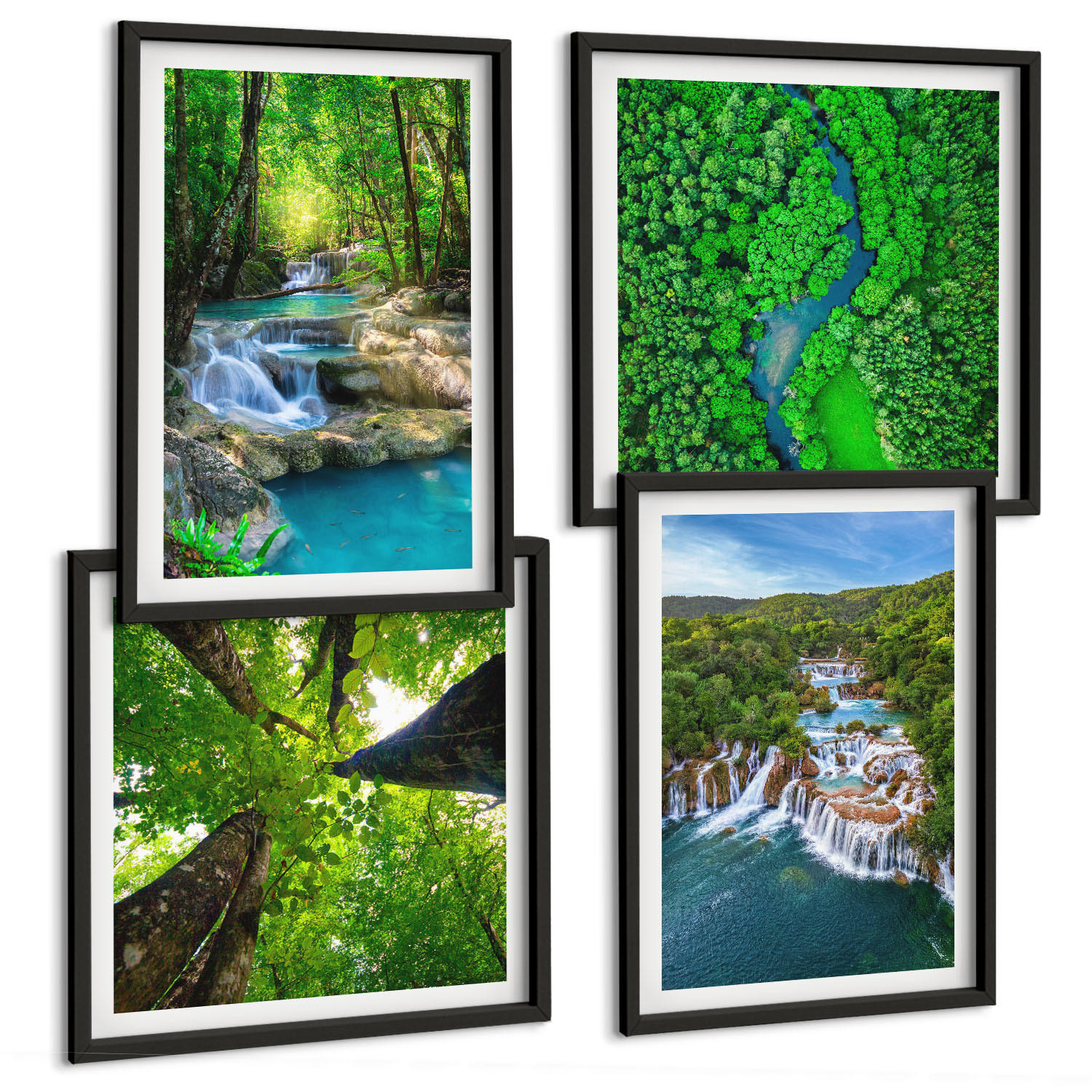 BILDER SET 4er Set - 50x50 cm & 40x60 cm Schwarzer Rahmen - Wasserfälle grüner Wald Wasser - Schwarz, Kunststoff (50/50cm) - TULUP