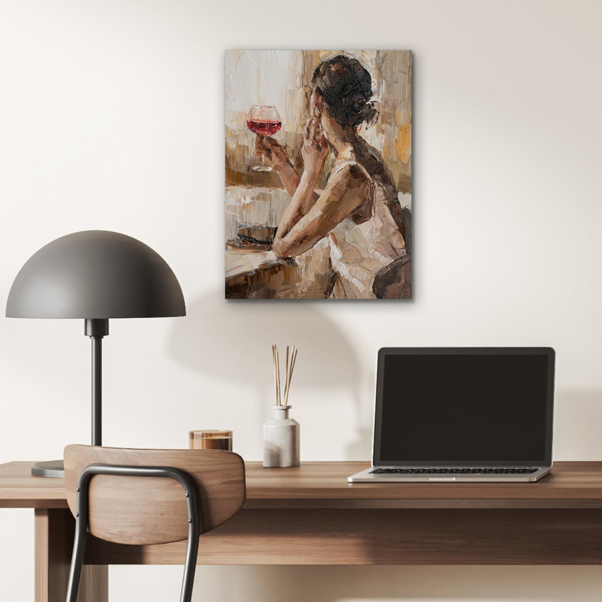 KOVOVÝ OBRAZ Olejomaľba - Žena - Víno 30x40 cm - svetlohnedá, kov (30/40cm) - MuchoWow