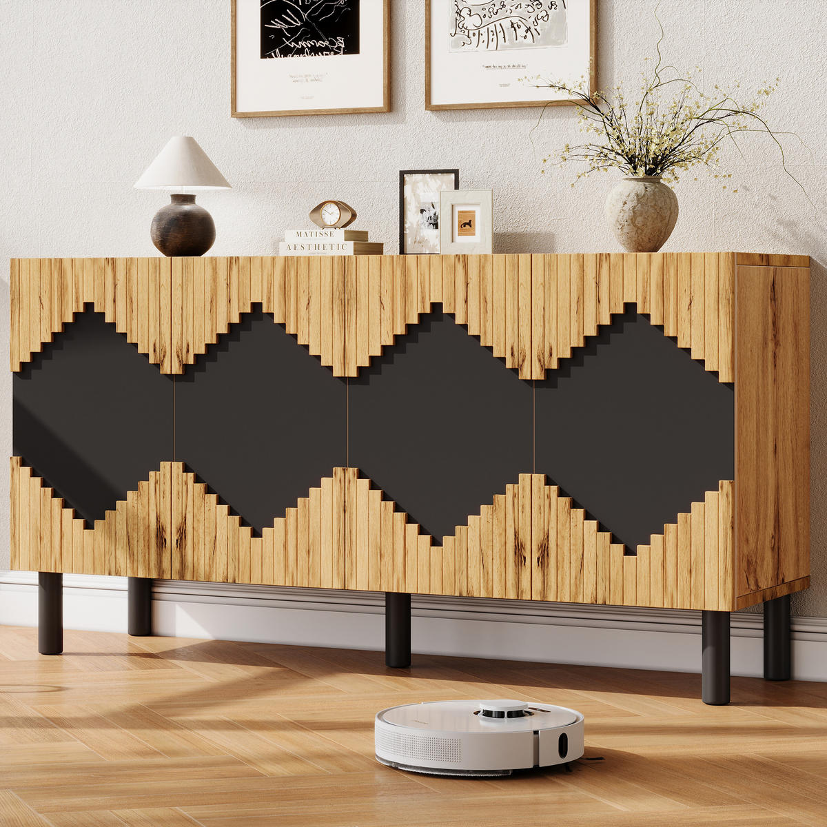 KUCHYŇSKÁ SKŘÍŇ v přírodní a černé barvě se 2 dvířky do obývacího pokoje a jídelny, 140×40×70 cm - přírodní/černá, kov/kompozitní dřevo (140/70/40cm) - STILVORA