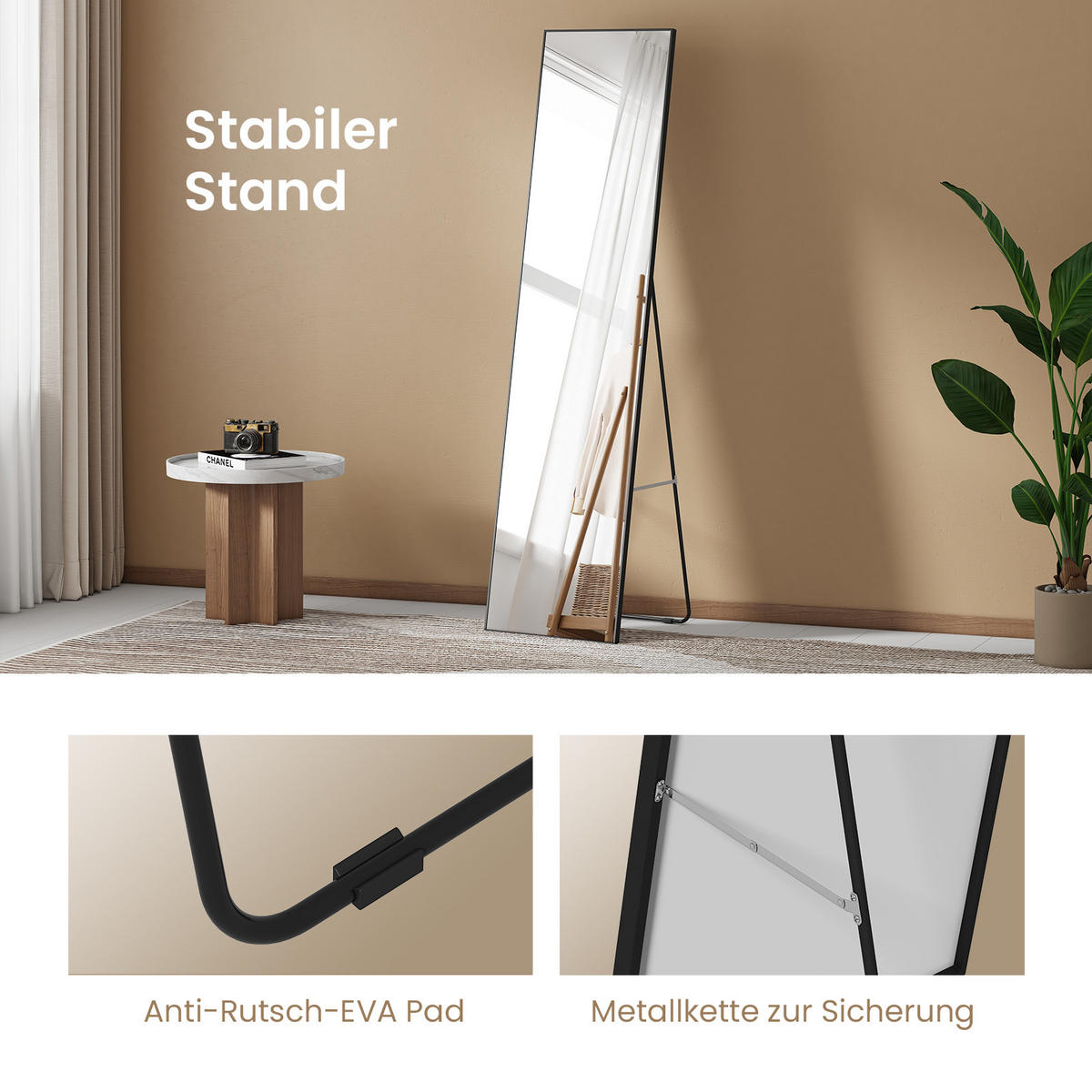 STANDSPIEGEL Wandmontage oder Freistehend, Schwarz 160/40/2 cm - Schwarz, Glas/Metall (40/160/160cm) - EMKE