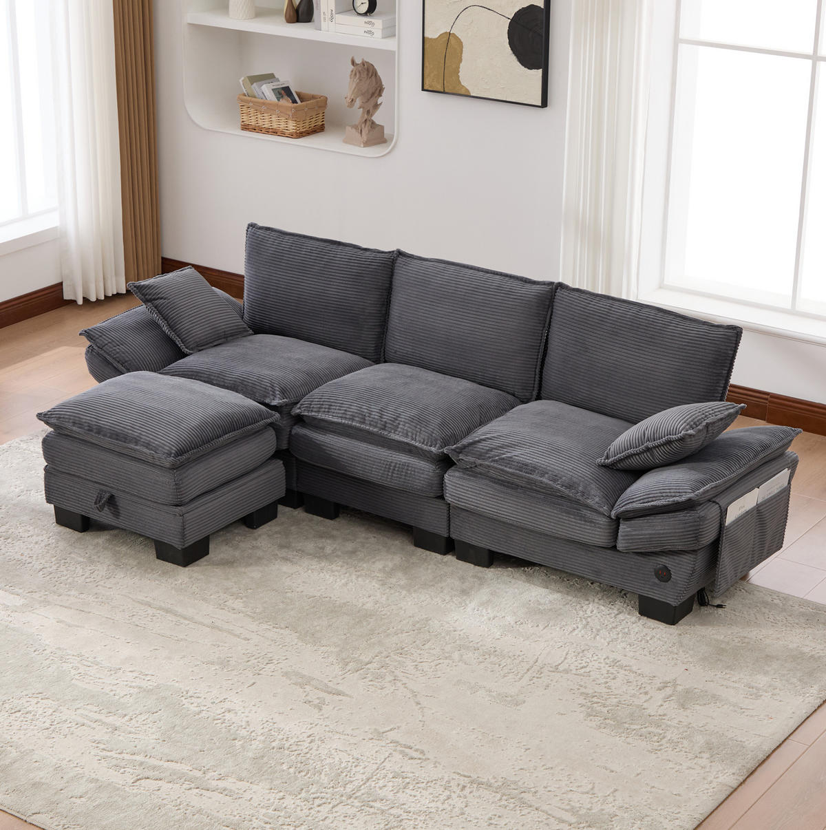 ECKSOFA 260/132/84 cm dunkelgrau aus Cord mit Hocker und USB-C - Dunkelgrau, Textil (132/260cm) - OKWISH