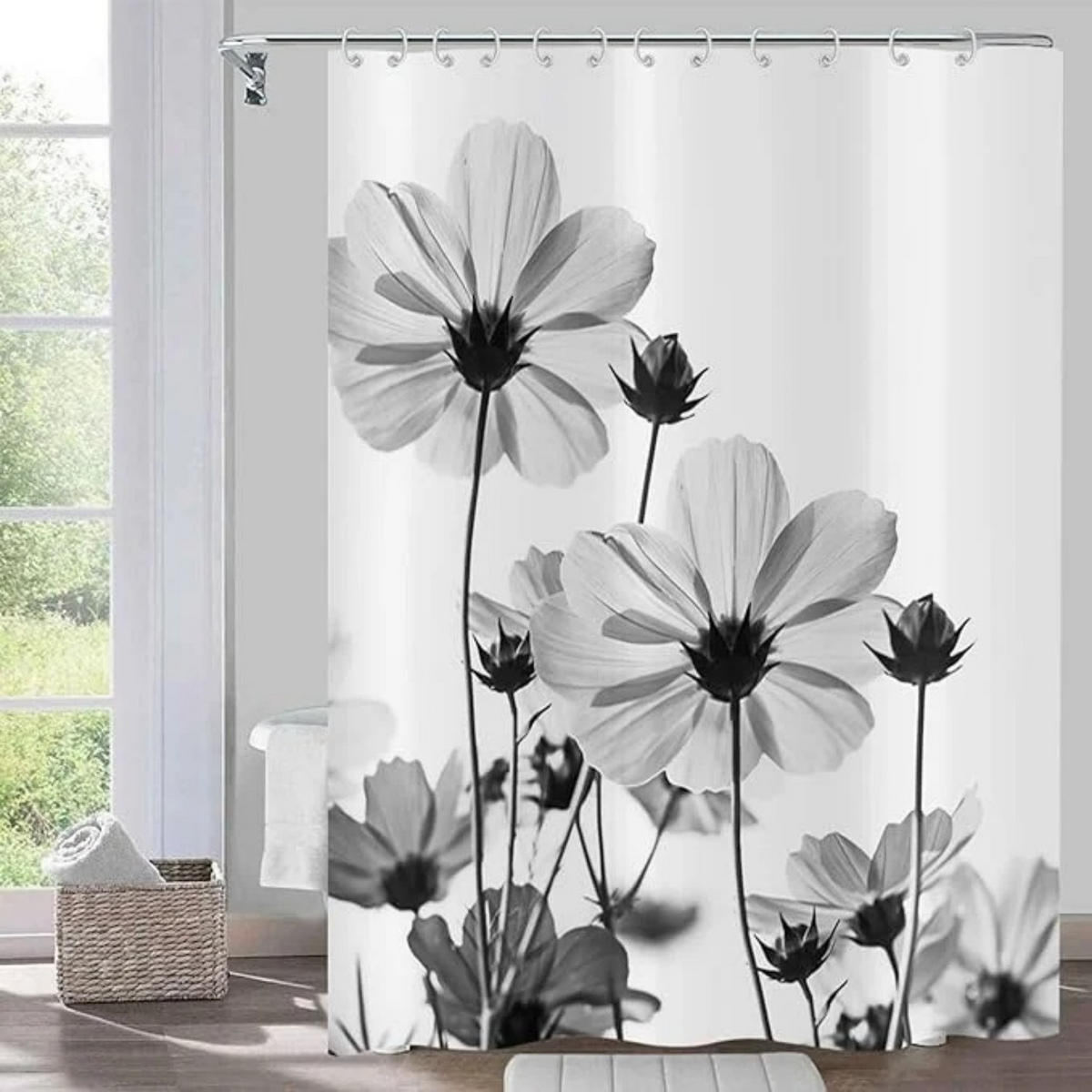 DUSCHVORHANG Grau Blumen Design wasserdicht Stoff waschbar mit Haken - Weiß, Textil (180/180cm) - MCBOSON