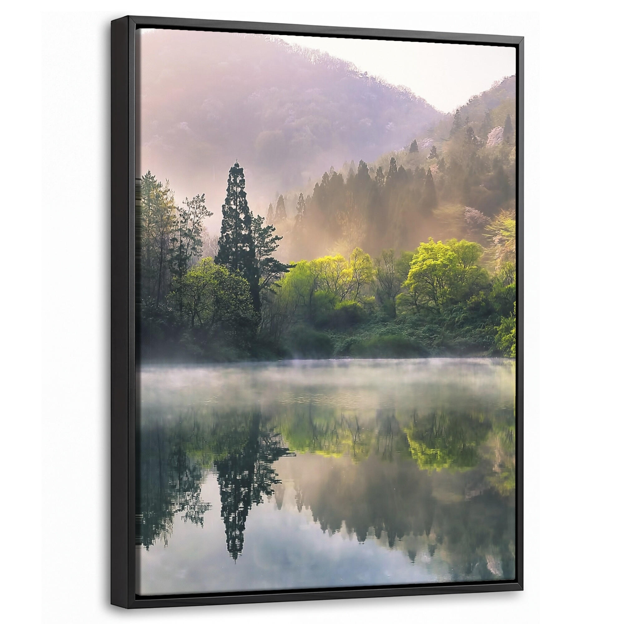 LEINWAND Bilder mit Rahmen - Natur - Bäume - Berge - See - Wasser - 30x40 - Hellgrün, Textil (30/40cm) - MuchoWow