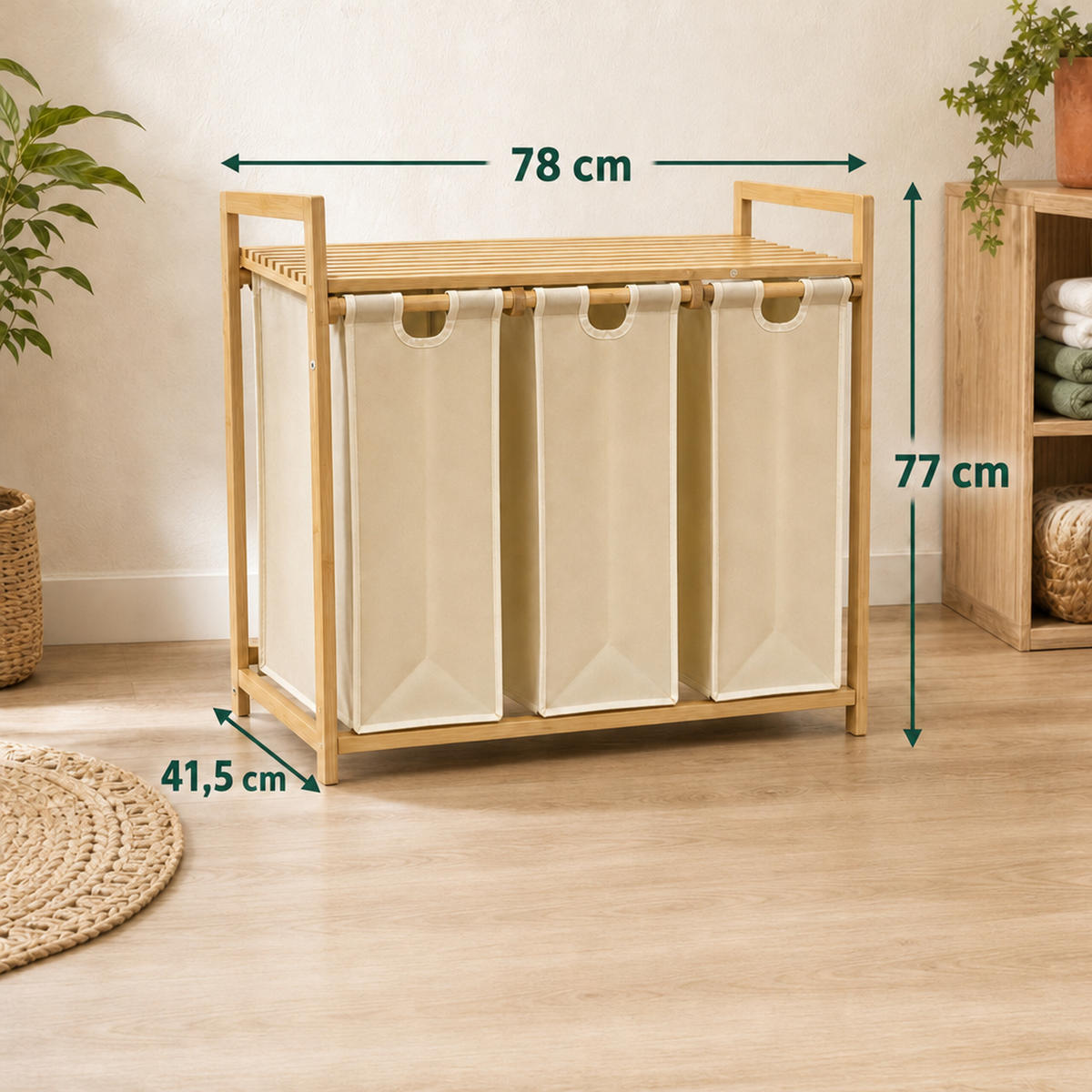 WÄSCHESAMMLER Natur Beige 3er-Set Bambus - Multicolor, Holz/Textil (78/77/41.5cm) - Relaxdays