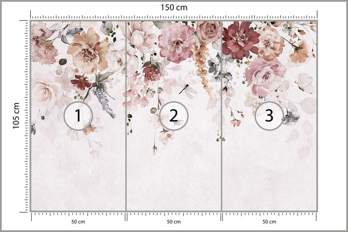 FOTOTAPETE für Schlafzimmer Aquarell Bunte Blumen Ranken Blätter 150x105 - Rot/Rosa, Papier (150/105cm) - Muralo