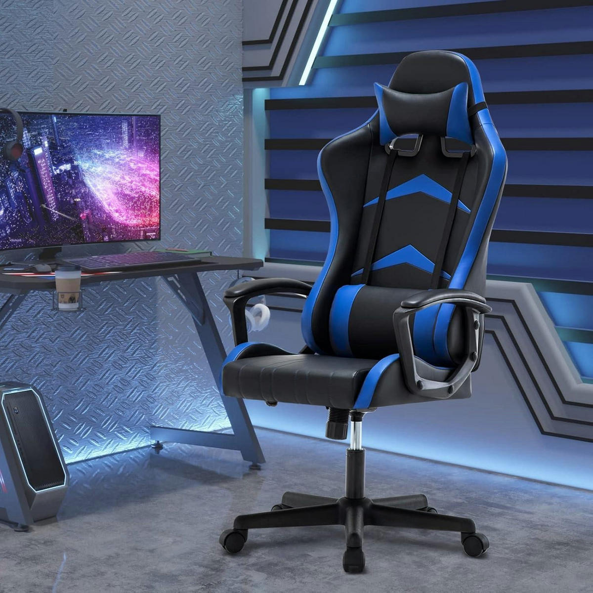 BÜROSTUHL mit Kopf- und Lendenkissen Blau - Blau, Kunststoff (49/130/52cm)
