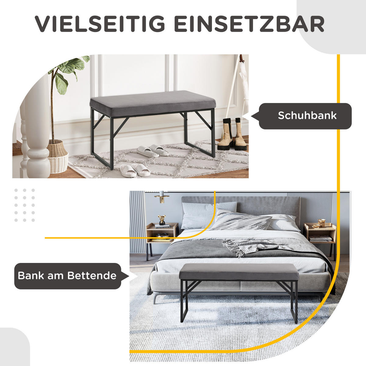 BETTBANK in Samtoptik, Schlafzimmer, bis 200 kg Belastbar, Stahl, Dunkelgrau - Dunkelgrau, Kunststoff (35/47/100cm) - HOMCOM