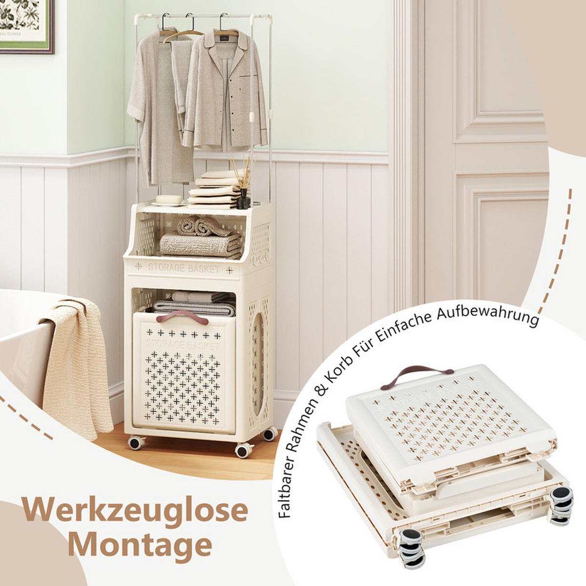 KLEIDERSTÄNDER auf Rollen beige - Beige, Kunststoff (40/136/29.5cm) - COSTWAY