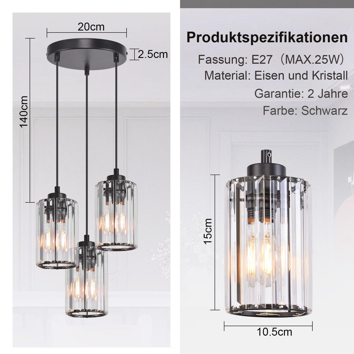 HÄNGELEUCHTE Marquardt 20/20/140 cm - Schwarz, Metall (20/20/140cm) - Nettlife