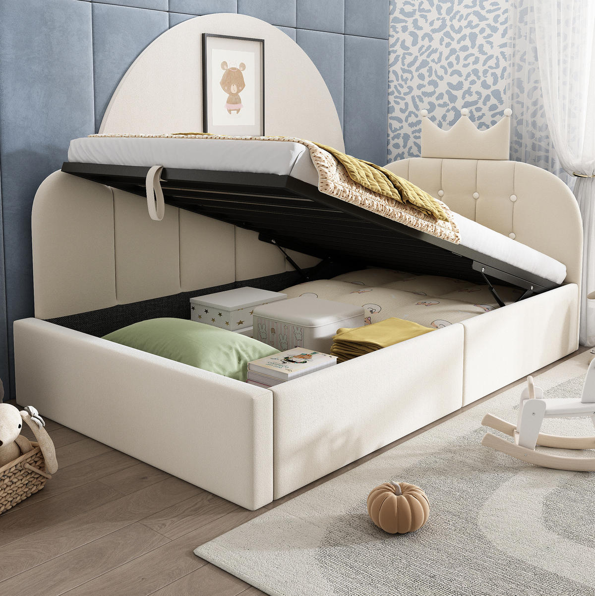 TAGESBETT 90/190 cm Beige aus Samt mit Stauraum und Lattenrost - Beige, Textil (90/190cm) - OKWISH