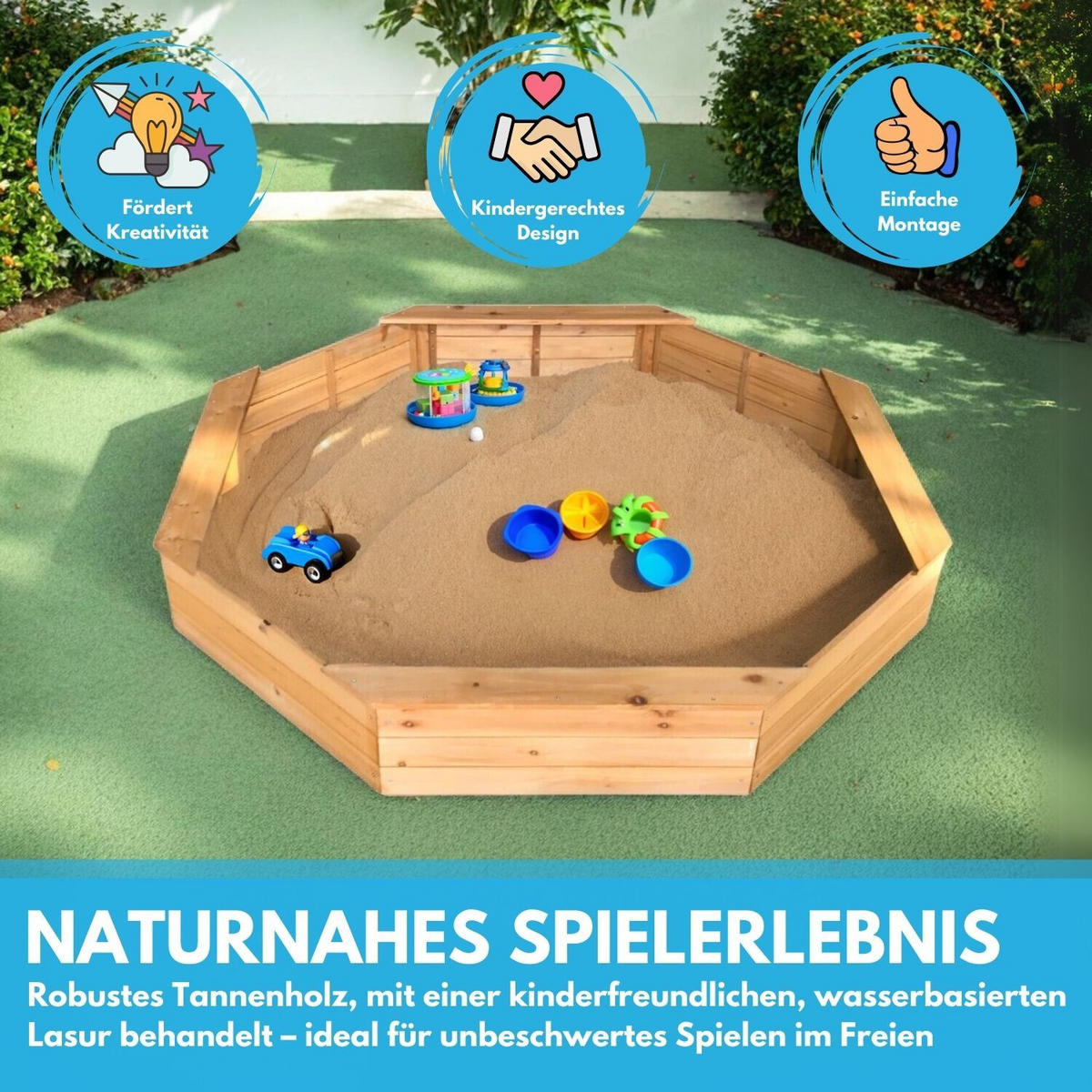 SANDKASTEN LARRY 8-ECK 135/135/20 cm - Naturfarben, Holz (135/135/20cm) - Coemo