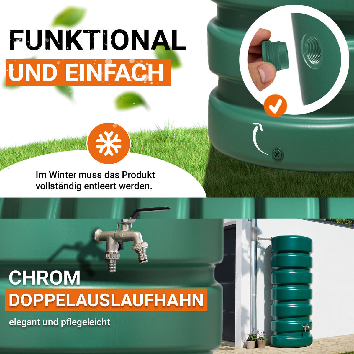 O Regentonne Komplett-Set 650 L, dunkelgrün inkl. Chrom-Doppelauslaufhahn und Fallrohranschluss - Grün, Kunststoff (60/192/80cm) - GARANTIA