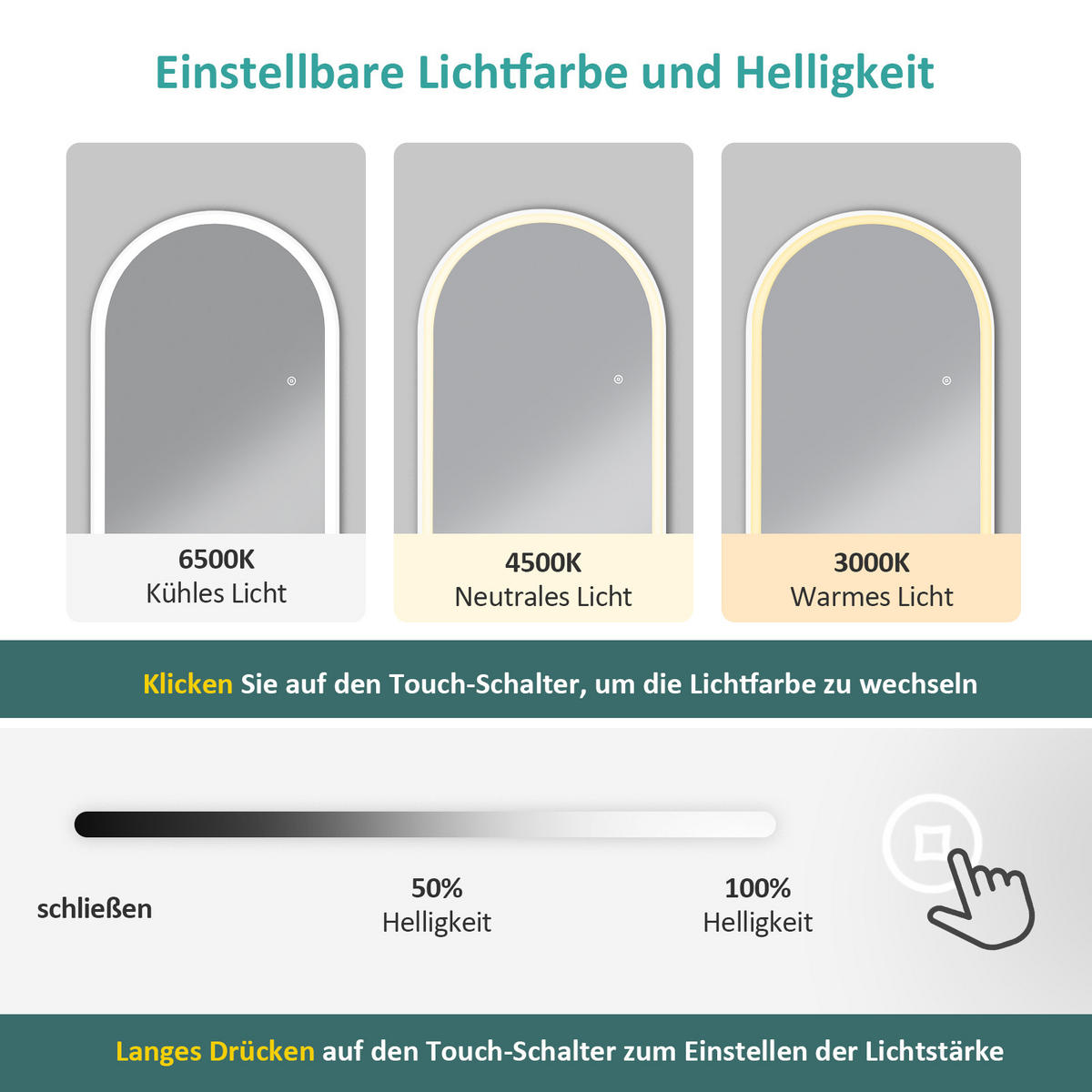 STANDSPIEGEL mit Beleuchtung und Rahmen weiß 160/60 cm - Weiß, Glas/Metall (60/160/160cm) - EMKE