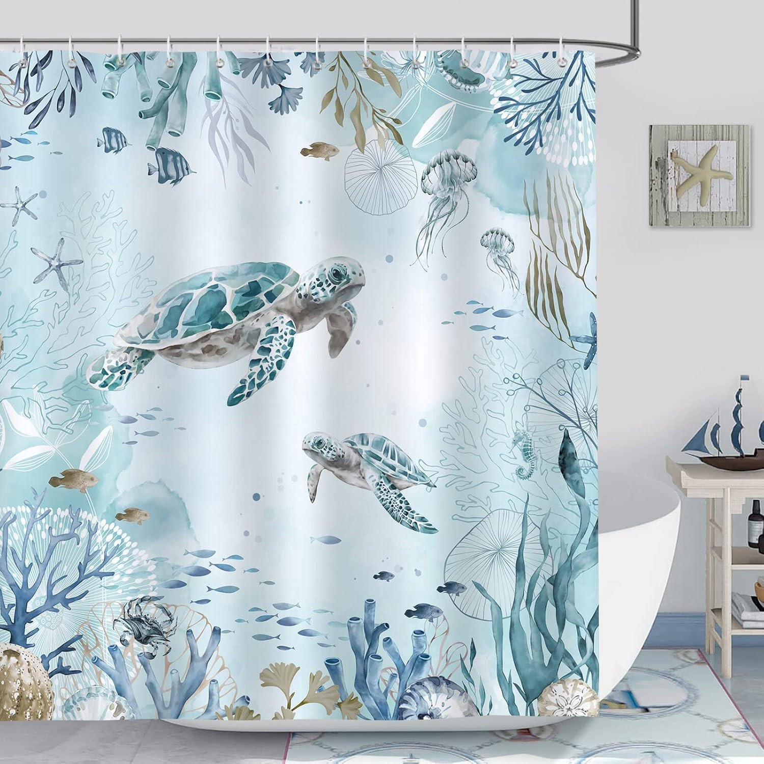 DUSCHVORHANG Schildkröte Meer Ozean Blau Stoff Polyester schimmelresistent wasserdicht waschbar Badezimmer 180 x 180 cm - Blau, Textil (180/180cm) - MCBOSON