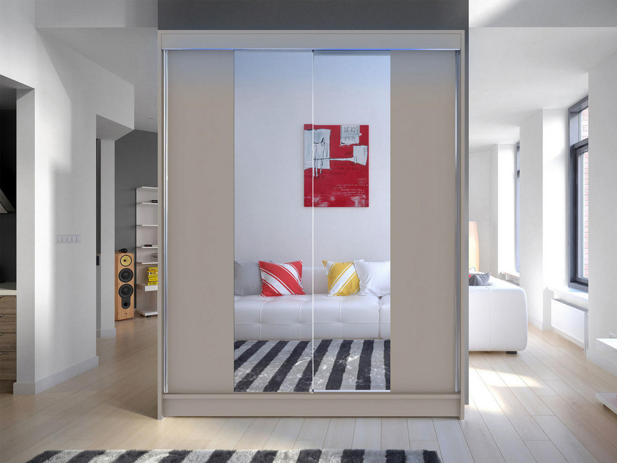 SCHWEBETÜRENSCHRANK Camino II mit RGB LED Beleuchtung - Kaschmir/Silberfarben, Holzwerkstoff/Metall (150/200/58cm) - MIRJAN24
