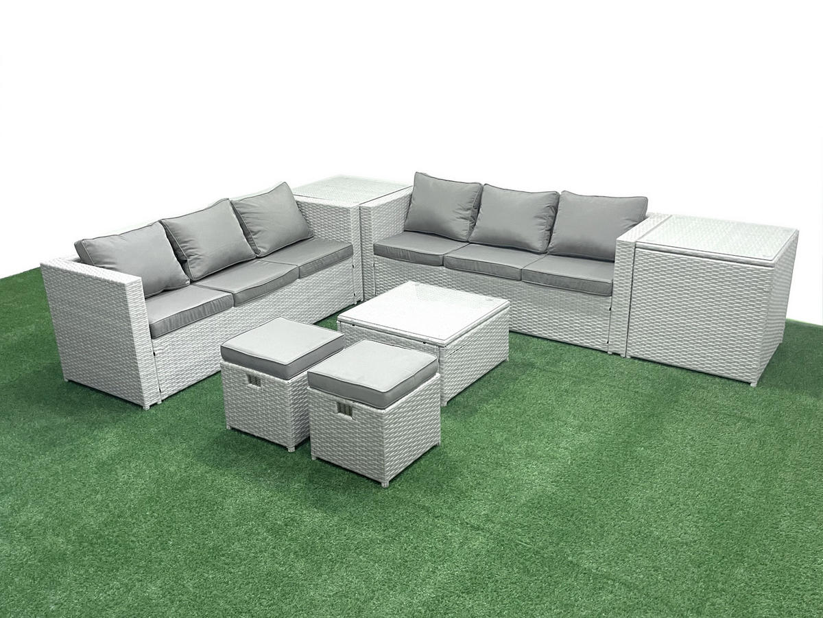 GARTENMÖBEL-SET mit Kissen Polyrattan Hellgrau-Mix 8-Sitzer - Hellgrau/Grau, Glas/Kunststoff - Fimous