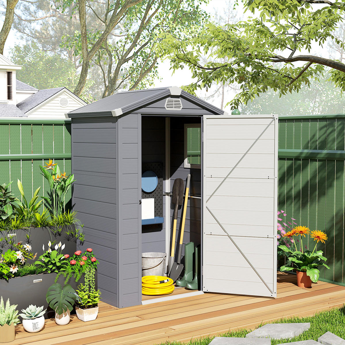 GERÄTEHAUS 1,1m², Geräteschuppen mit Satteldach, 133 x 102 x 208 cm, Kunststoff - Dunkelgrau, Kunststoff (102/208/133cm) - Outsunny