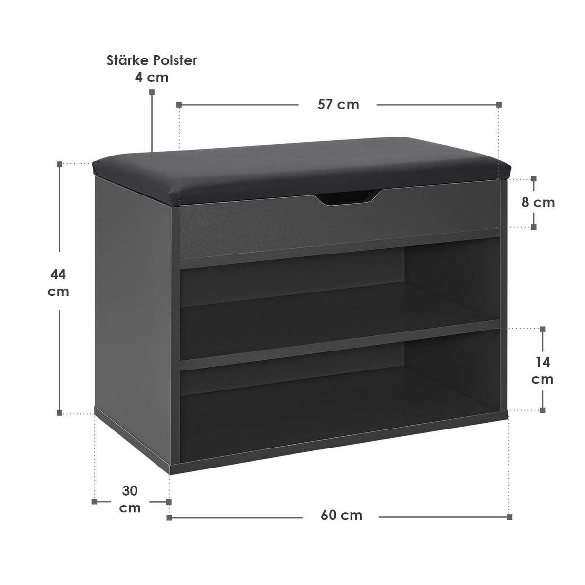 SCHUHREGAL grau mit Klappdeckel und gepolstertem Sitz 60 x 30 x 44 cm - Dunkelgrau, Holz (30/44/60cm) - Juskys