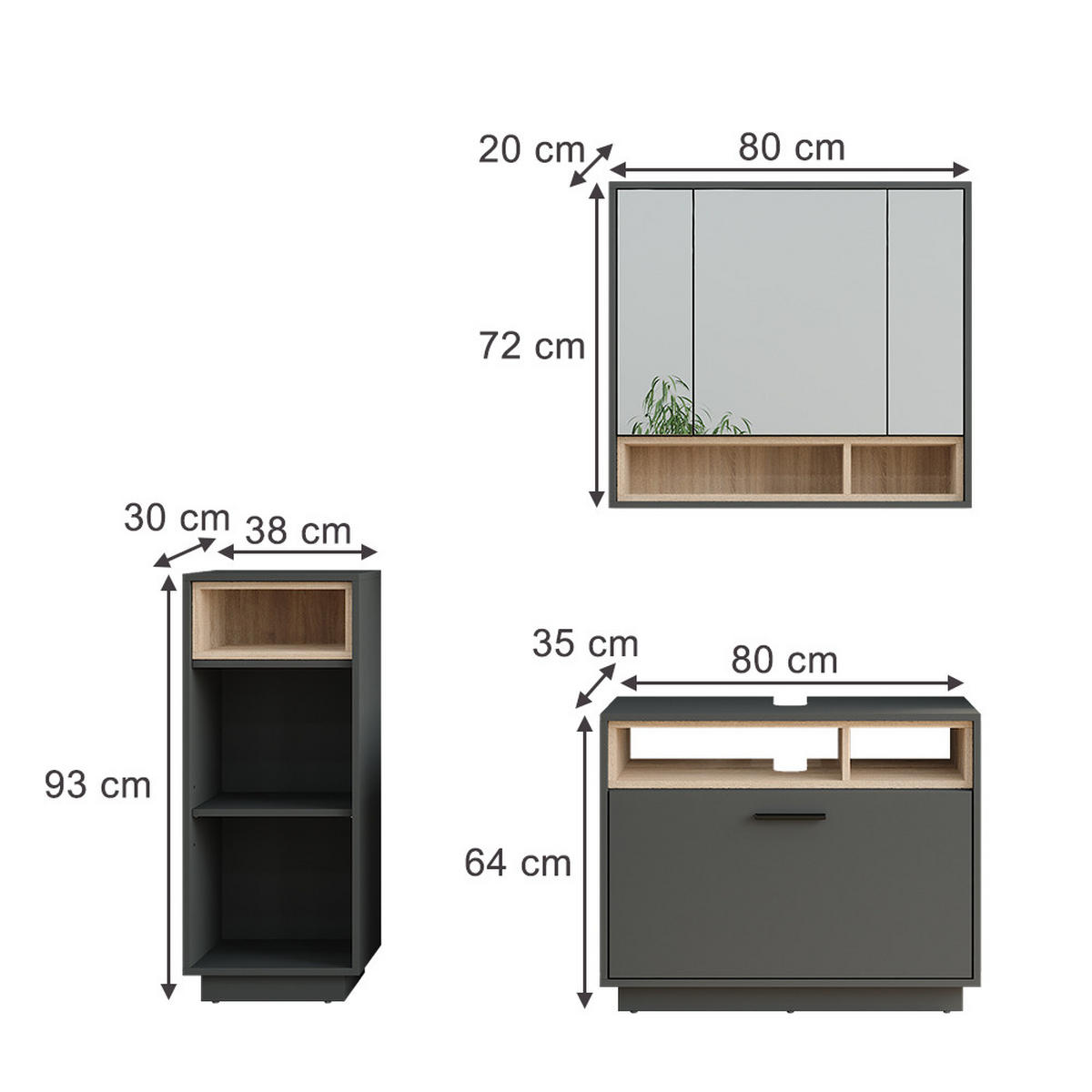 BADMÖBEL-SET Beatrice Anthrazit/Sonoma 3 Teile mit Midischrank - Anthrazit/Sonoma Eiche, Holzwerkstoff (80/64/35cm) - Vicco
