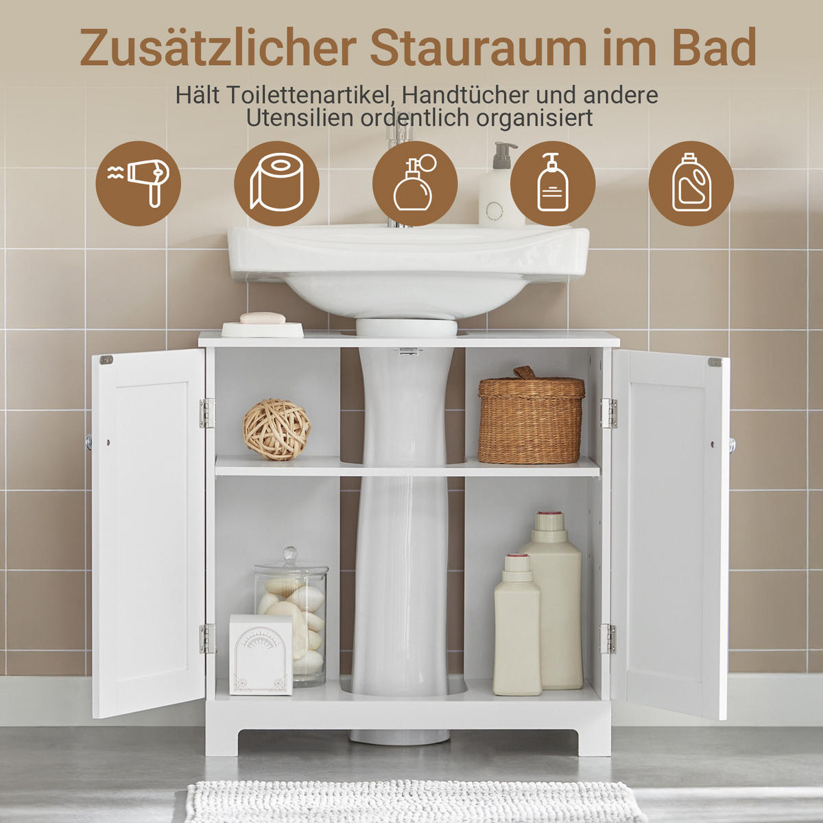 WASCHBECKEN-UNTERSCHRANK für Säulenwaschbecken, 60x60x29 cm, weiß, U-Aussparung, verstellbarer Boden, ohne Becken - Weiß, Holzwerkstoff (60/60/30cm) - SoBuy