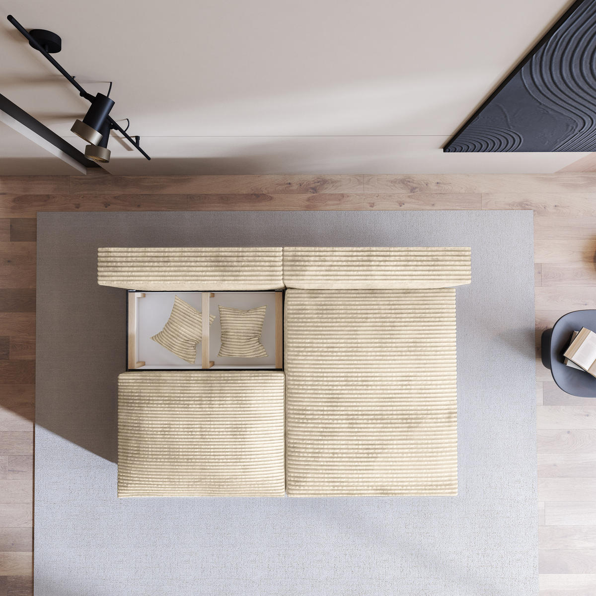 ECKSOFA FIORO Creme Kordstoff mit Schlaffunktion - Creme, Holz (204/148cm) - MASSENO