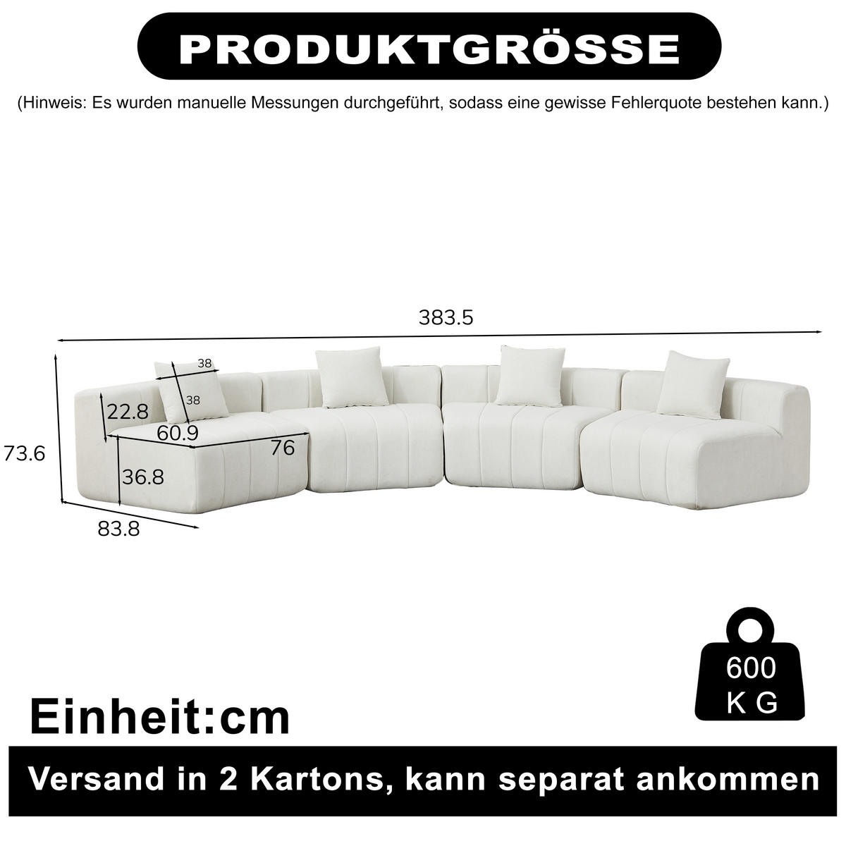 4-SITZER-SOFA Geschwungen modular Viersitzer, DE-42718, Beige - Beige, Textil (383.5/73.6/83.8cm) - ComfortXL