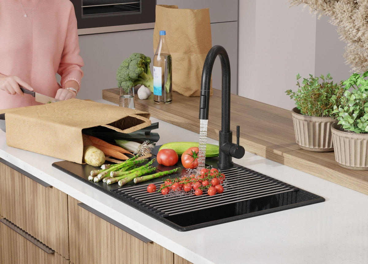 SPÜLBECKEN Kopenhagen, 2-er set Anthrazit 78/50 cm 1 Becken + Ablauf-Set + Schneidebrett ab 50er Unterschrank - Chromfarben/Anthrazit, Kunststoff (78/20/50cm) - Primagran