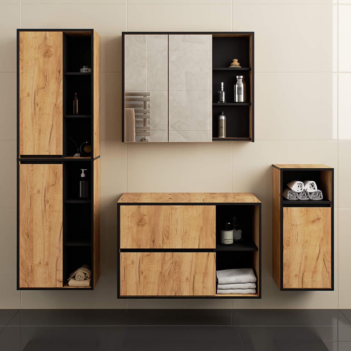 WASCHBECKENUNTERSCHRANK Vami Craft-Eichenfarben, Schwarz - Eichefarben/Schwarz, Holzwerkstoff (90/60/45.5cm) - Akord