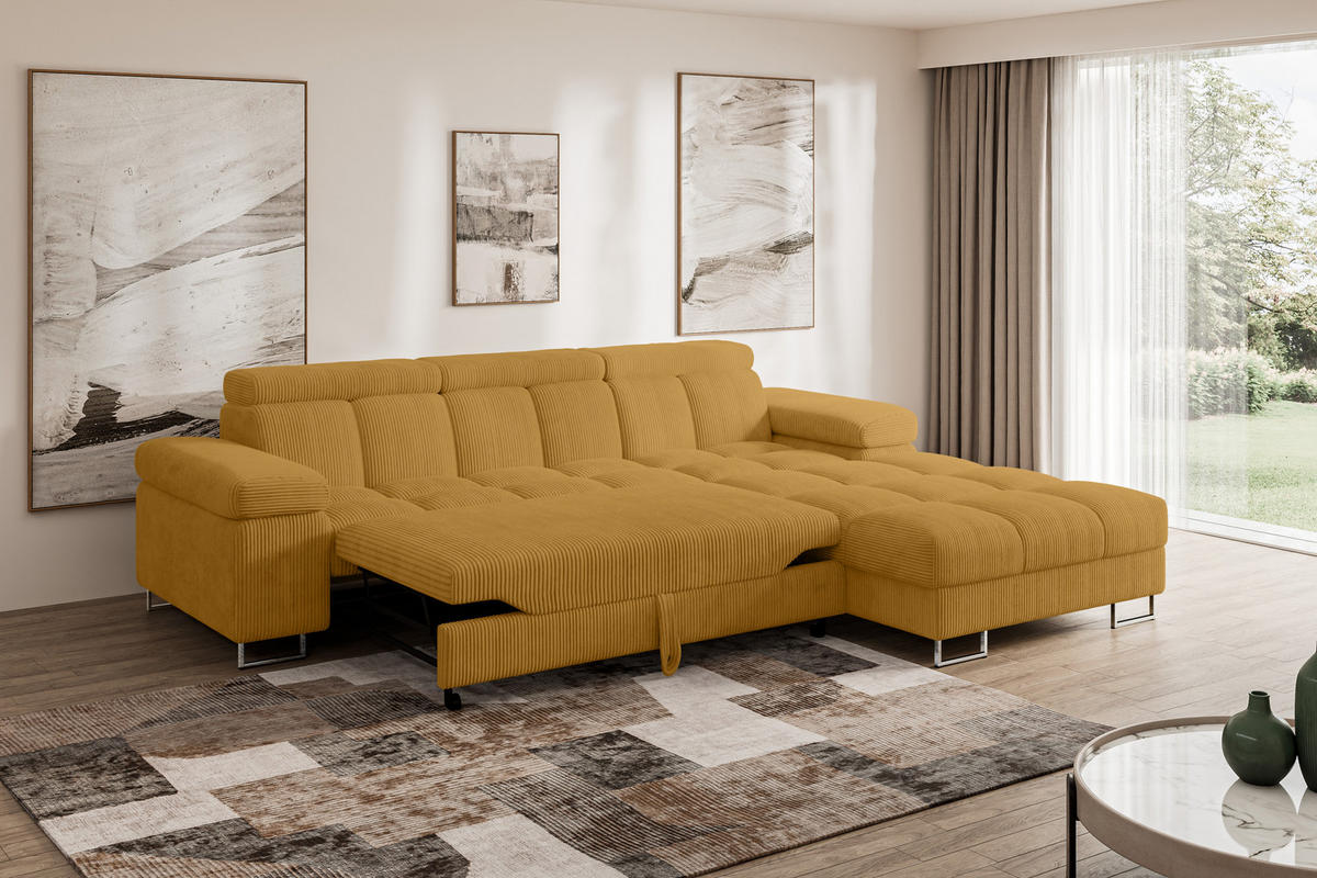 ECKSOFA mit Schlaffunktion Ottomane Rechts COMA L 271x203x79 Senfgelb Cord - Honig, Holzwerkstoff/Textil (203/271cm) - ALTDECOR