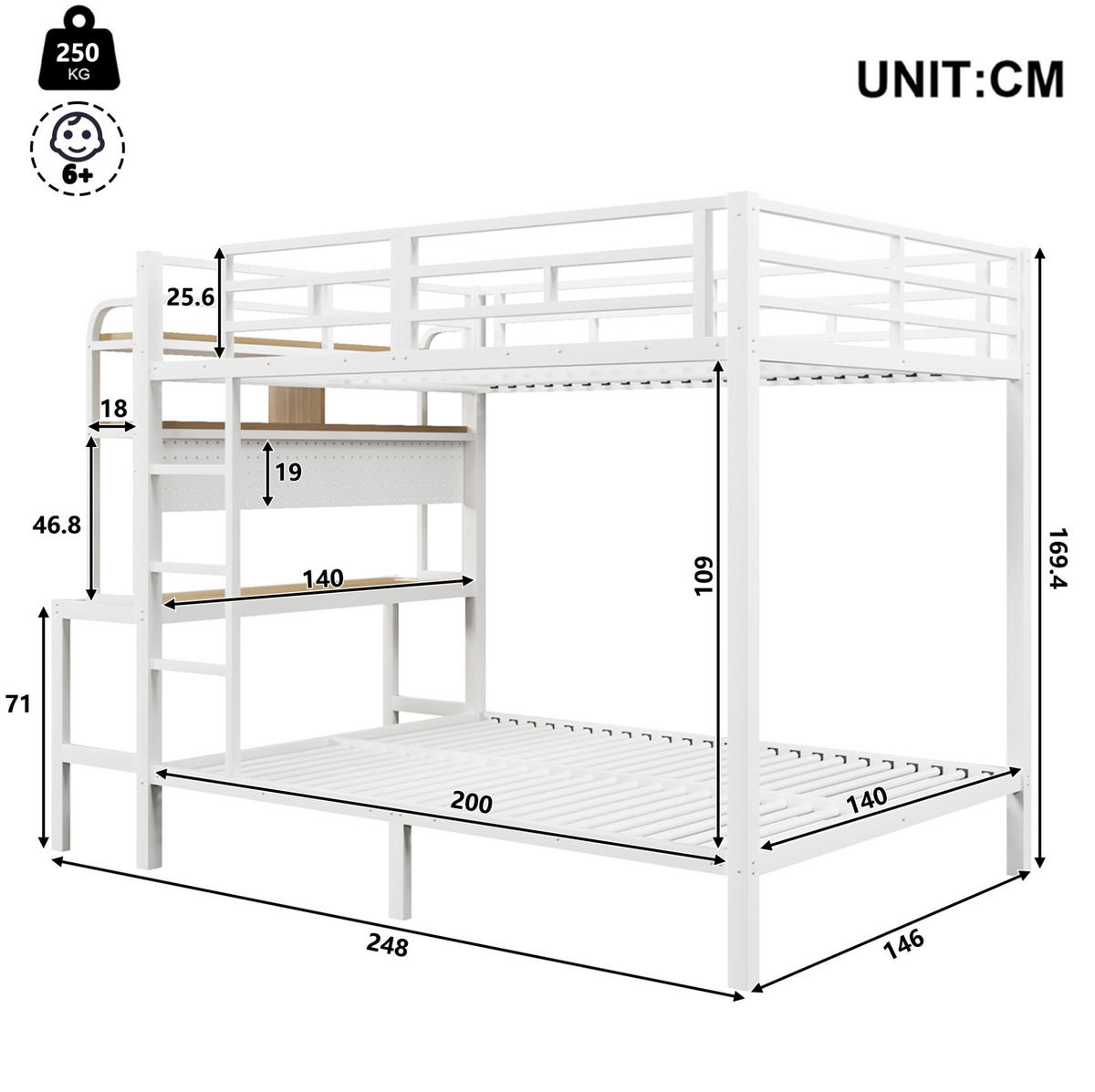 ETAGENBETT 140/200 cm aus Metall mit Schreibtisch, LED-Lichtleiste und USB-Anschluss Weiß - Weiß, Metall (140/200cm) - Modenvie