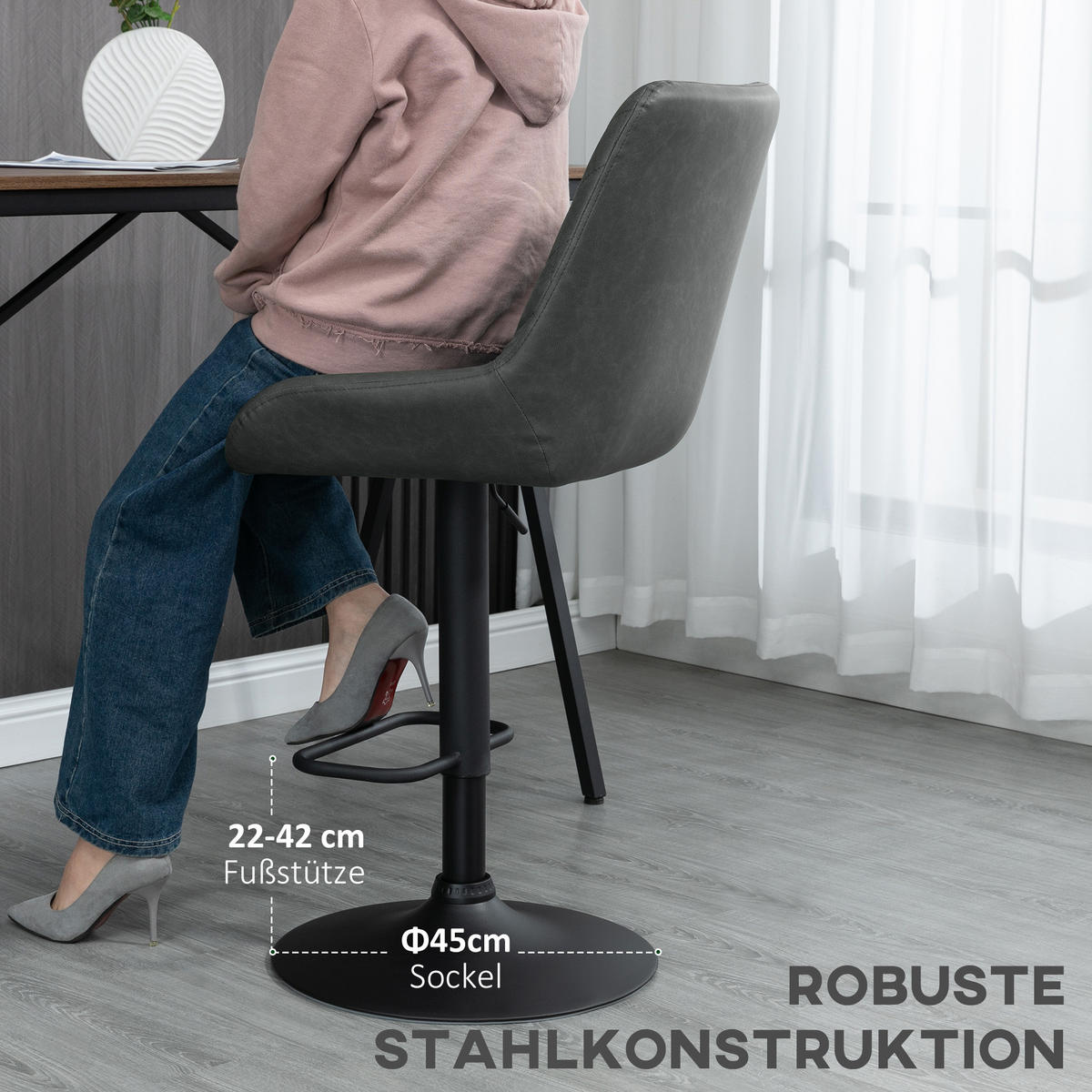 BARHOCKER 2er-Set Dunkelgrau 51.0/59.0/117.0 cm - Dunkelgrau, Leder (59/117/51cm)