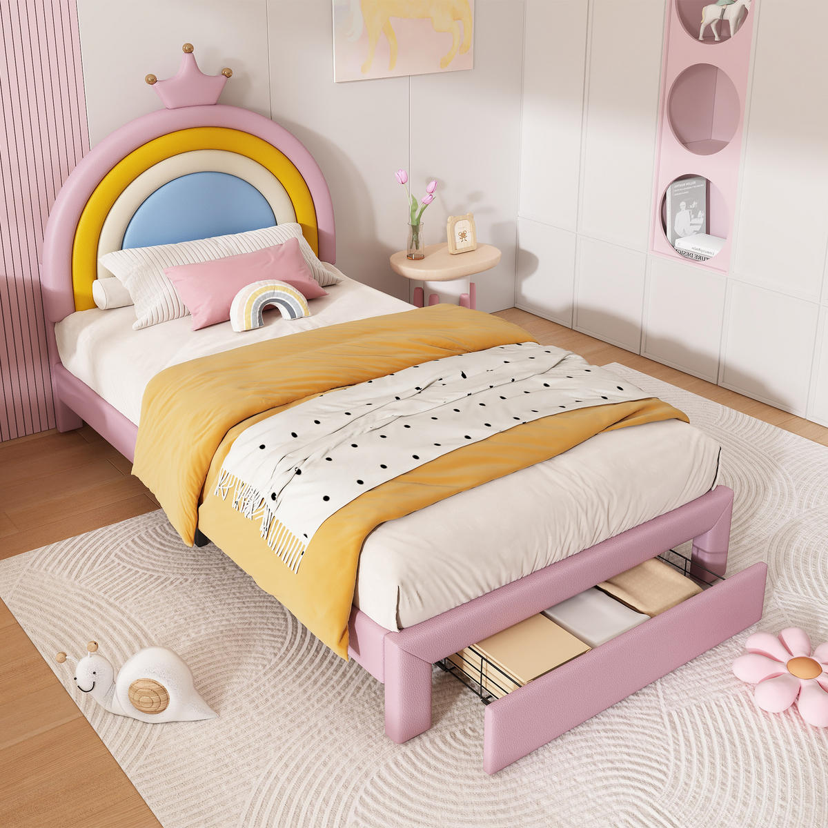 KINDERBETT 90/200 cm mit Regenbogen-Kopfteil und Schublade, DE-41743, in Rosa - Pink, Holz (90/200cm) - ComfortXL