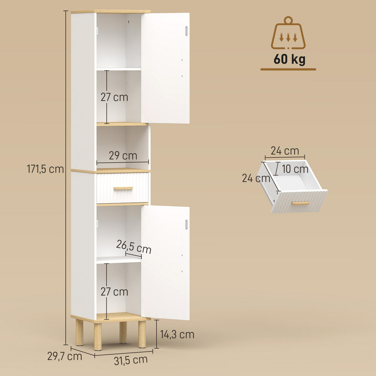 HOCHSCHRANK DE-12545 2 Türen, Schublade, offenes Fach, Weiß - Weiß, Holzwerkstoff (29.7/171.5/31.5cm) - ComfortXL