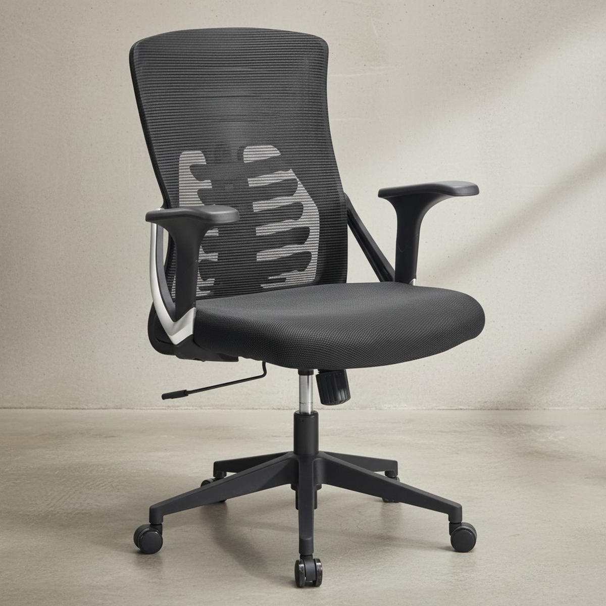 BÜRODREHSTUHL Schwarz Mesh mit Wippmechanik, 4-fach Lordosenstütze und Höhenverstellung ATLAS - Schwarz, Kunststoff/Textil (65/104/65cm) - KADIMA DESIGN