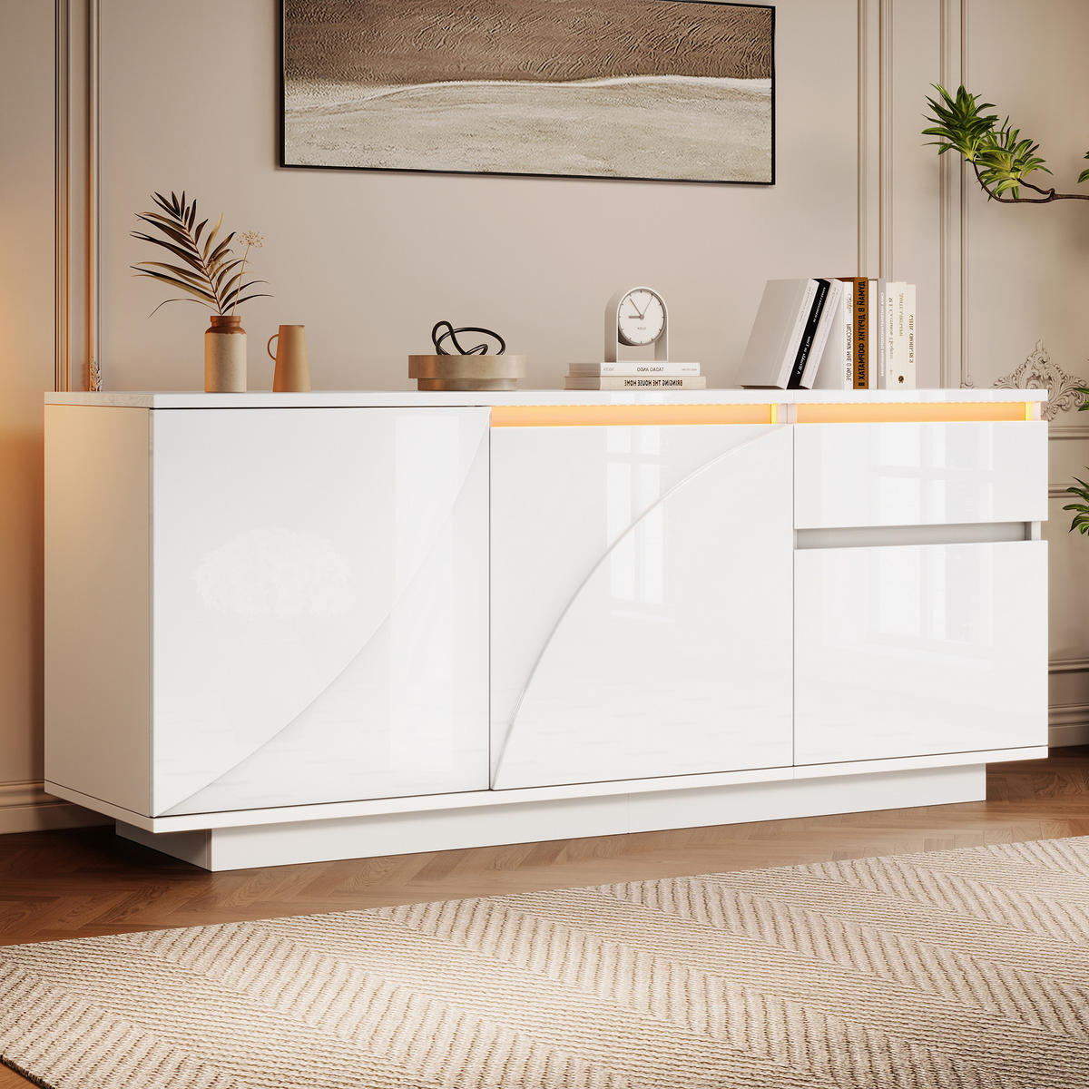 SIDEBOARD LED Weiß 3 Türen 1 Schublade 140x40x60cm Hochglanz - Weiß, Holzwerkstoff (40/60/140cm) - FLIEKS