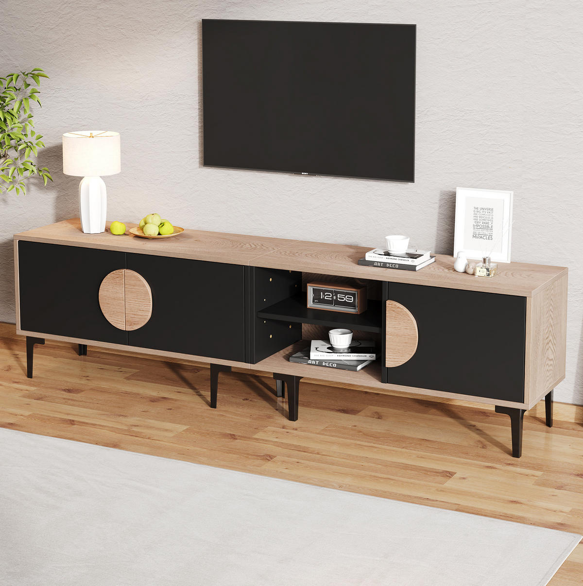 TV-ELEMENT mit 3 Türen und offenen Fächern 180 x 35 cm Holzoptik Schwarz - Schwarz, Holzwerkstoff (35/49/180cm) - Beauniv