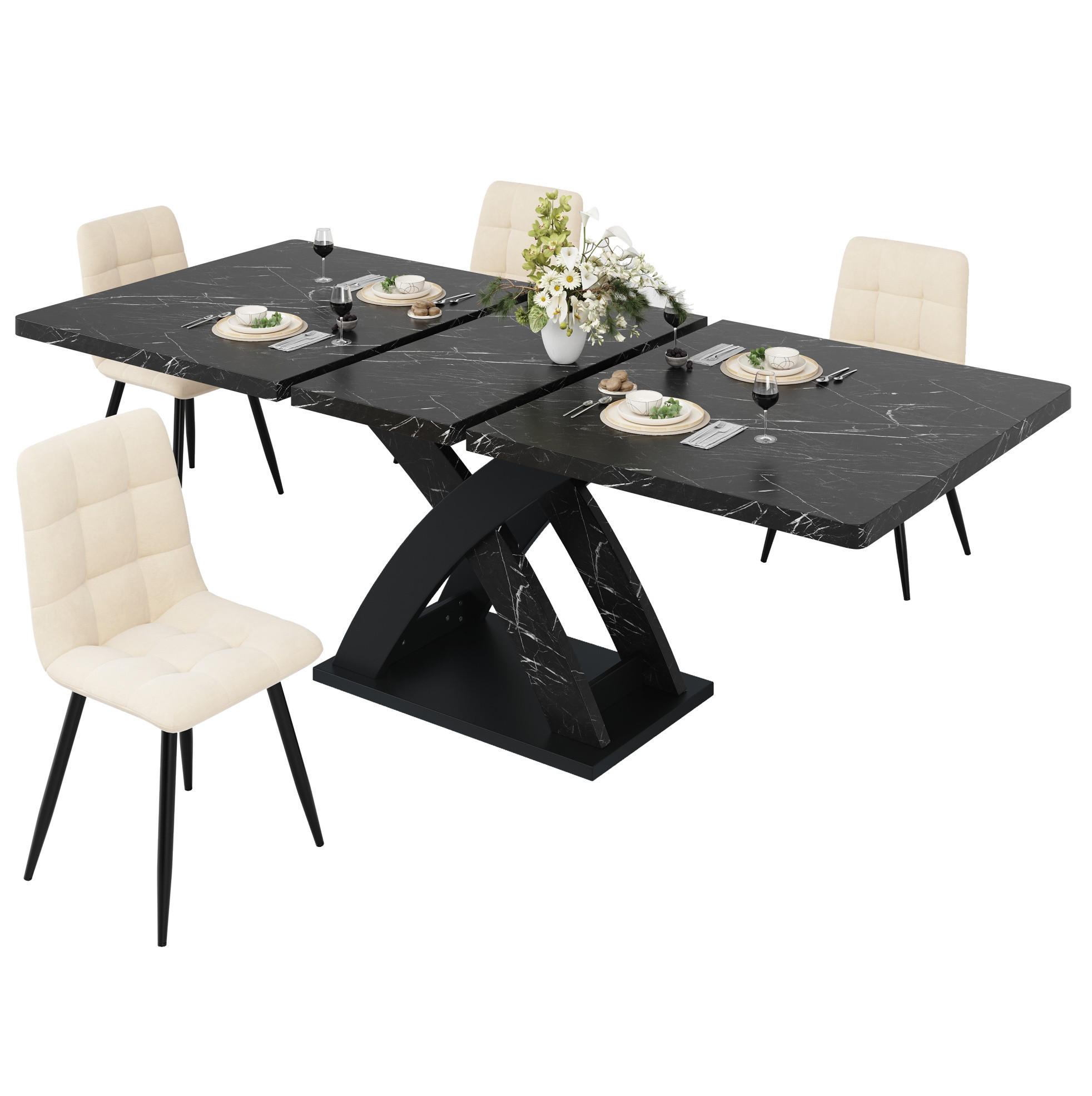 ESSTISCH 120-160/80/75 cm in Schwarz-Weiß, ausziehbar mit X-Gestell - Schwarz, Holzwerkstoff (120/80/75cm) - Flora Grace