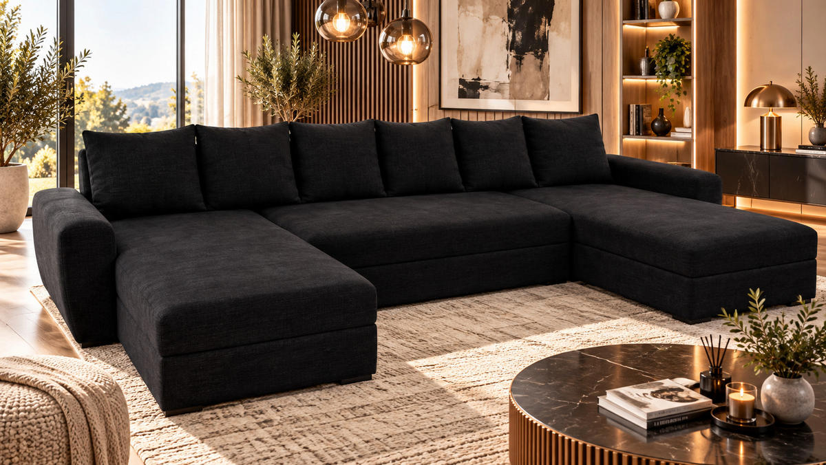 WOHNLANDSCHAFT PUMA U-Form 308 cm mit Schlaffunktion, Bettkasten, Kunstleder-Stoff oder Samt, verschiedene Farben - Schwarz, Kunststoff (308/85/140cm) - Wohnideebilder
