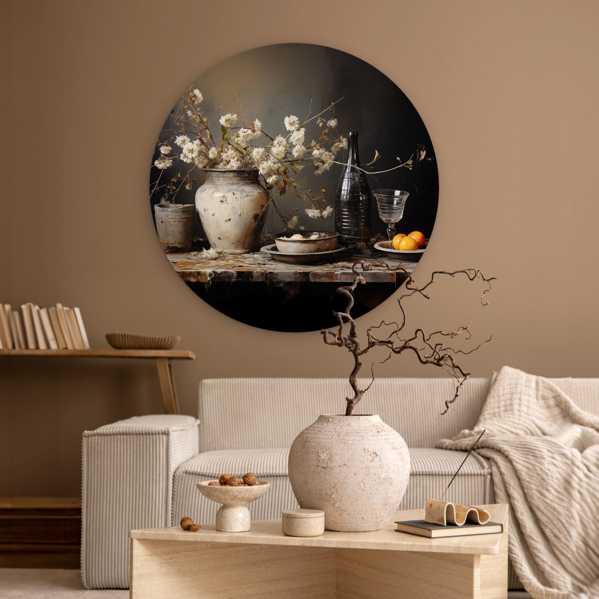 WANDBILD Stilleben - Blumen - Blumenstrauß - Vase - Wein 90x90 cm - Hellgrau, Kunststoff (90/90cm) - MuchoWow