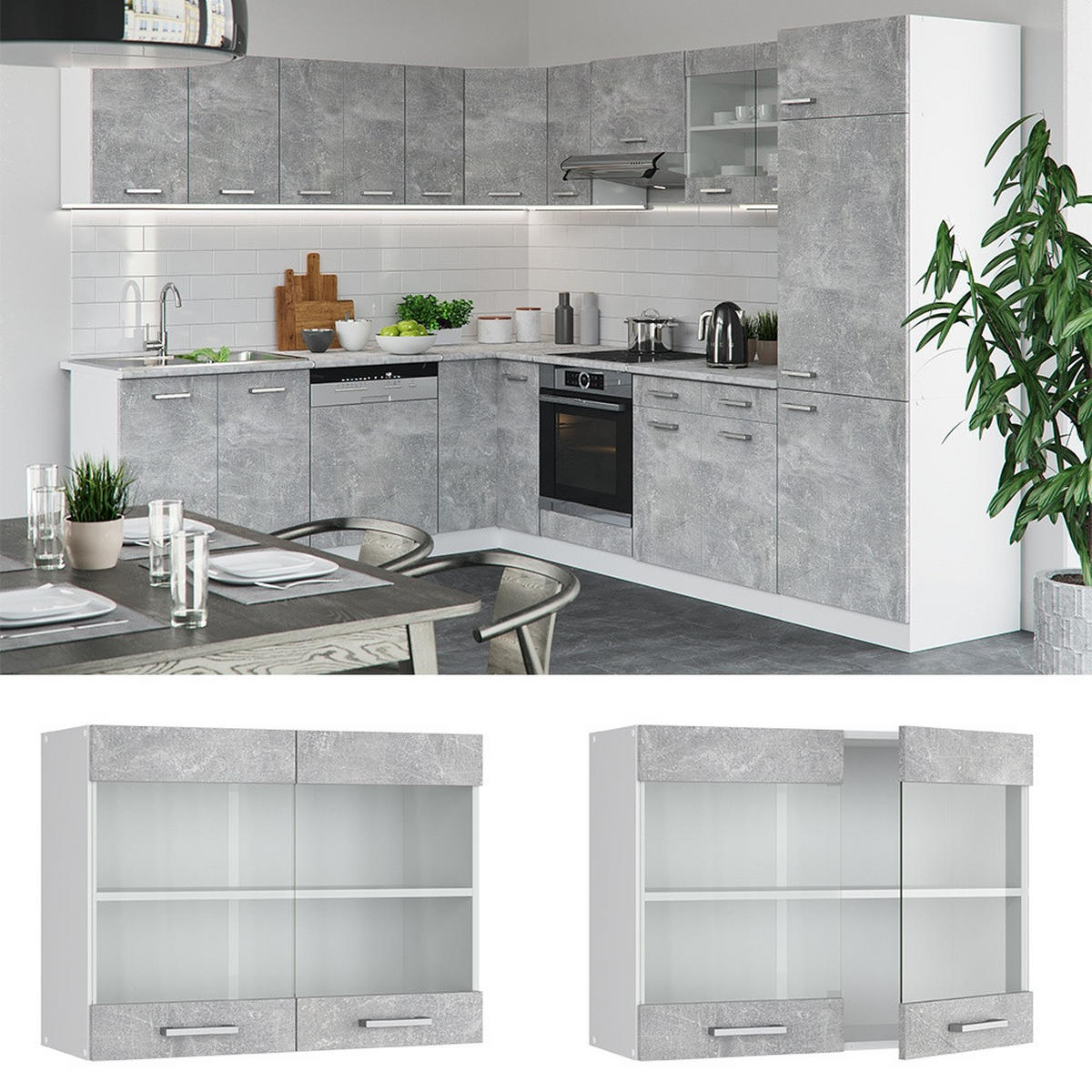 KÜCHENGLASSCHRANK R-Line Beton 80 cm - Hellgrau/Weiß, Holzwerkstoff (80/60/31cm) - Vicco