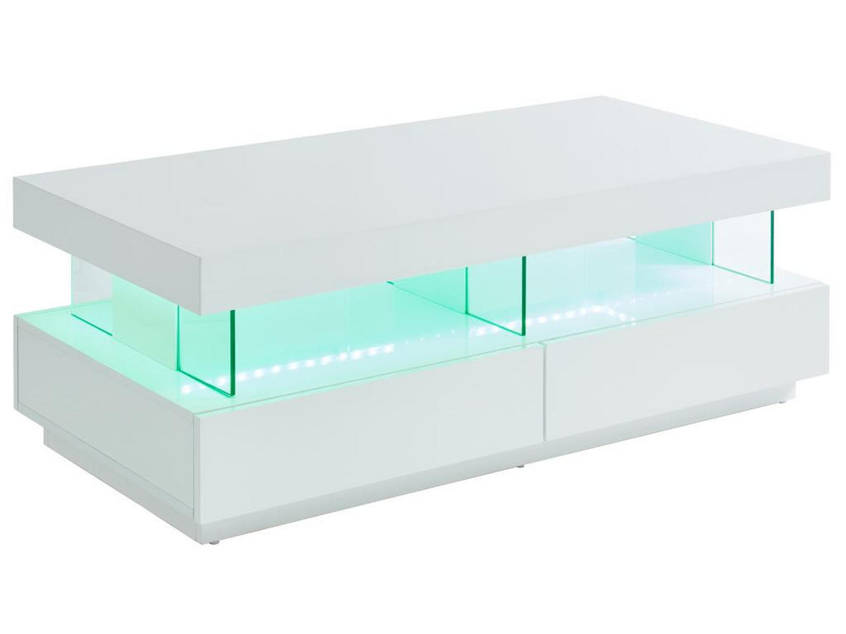COUCHTISCH mit 2 Schubladen & 2 Ablagen + LEDs - MDF lackiert - Weiß - FABIO - Weiß, Holz (120/60/42cm) - Vente-Unique