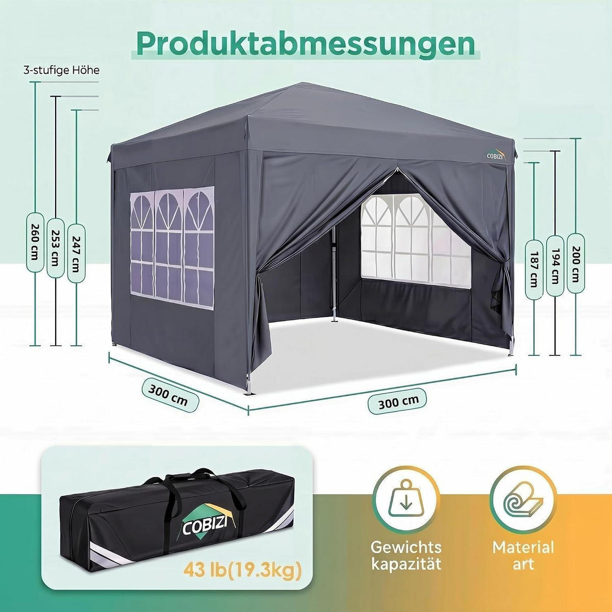 FALTPAVILLON 3x3m mit 4 Seitenwänden, wasserdicht und winterfest in grau - Grau, Textil (300/260/300cm)
