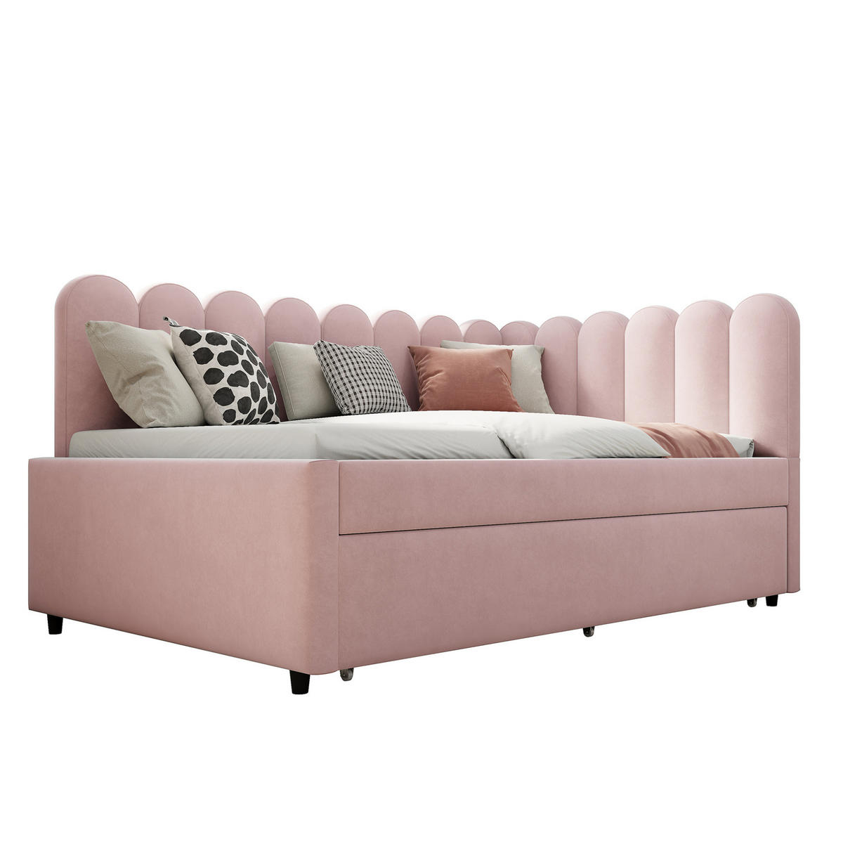BETT aus Samtstoff 140x200 cm Rosa mit Ausziehbett, L-Form und blütenblattförmiger Rückenlehne - Rosa, Leder (140/200cm) - Modfu
