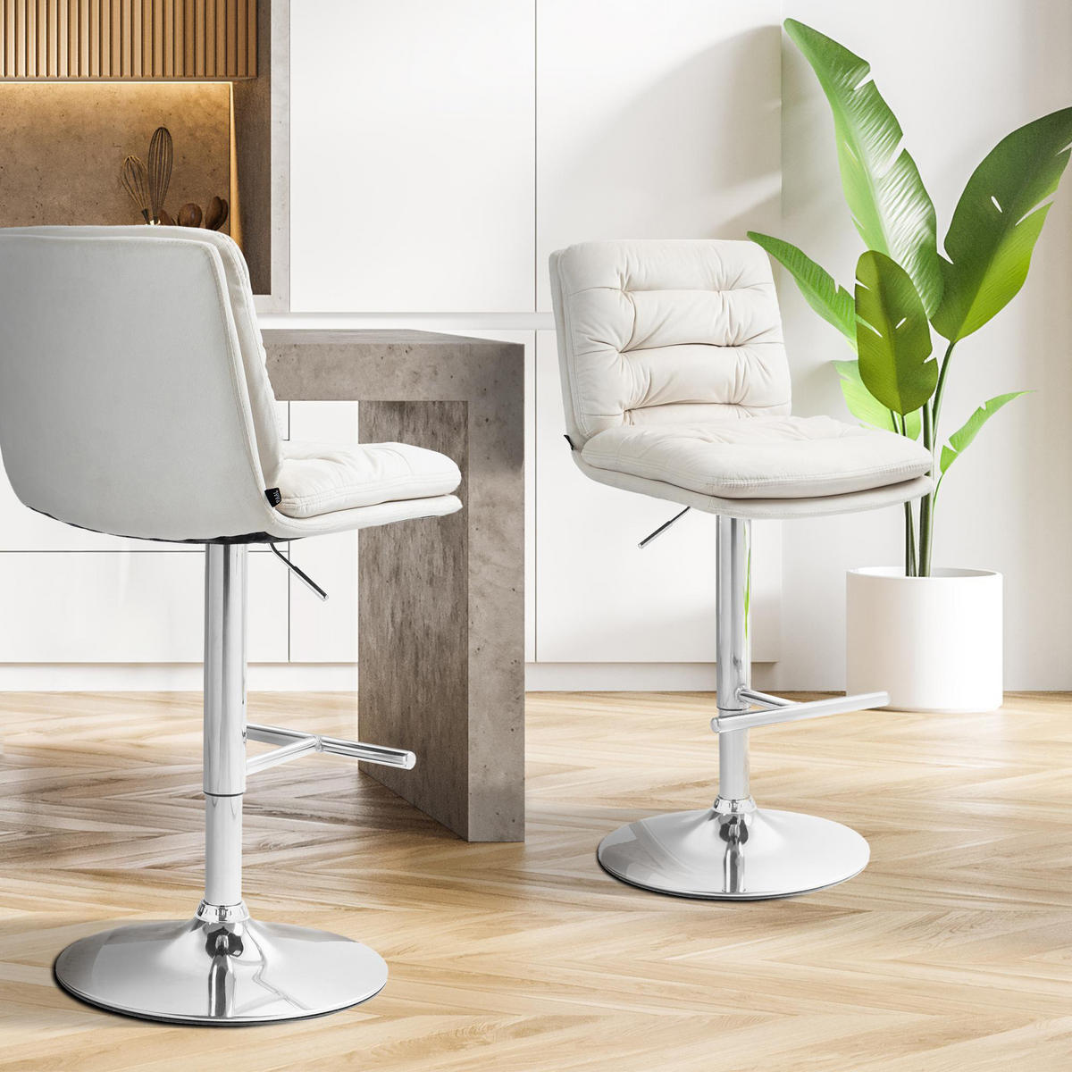 BARHOCKER 2er Set Diamant Samt chrom creme - Chromfarben/Naturfarben, Textil/Metall (42/116/56cm) - TPFLiving
