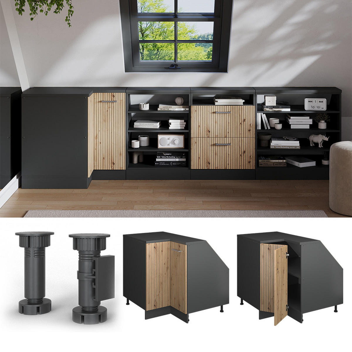 ORMARIĆ ZA KOSI KROV S LADICAMA Rion Beton 60 x 81.6 cm s 2 ladice, korpus ormara dubine 60 cm - siva/antracit, drvni materijal (60/83.8/60cm) - Vicco