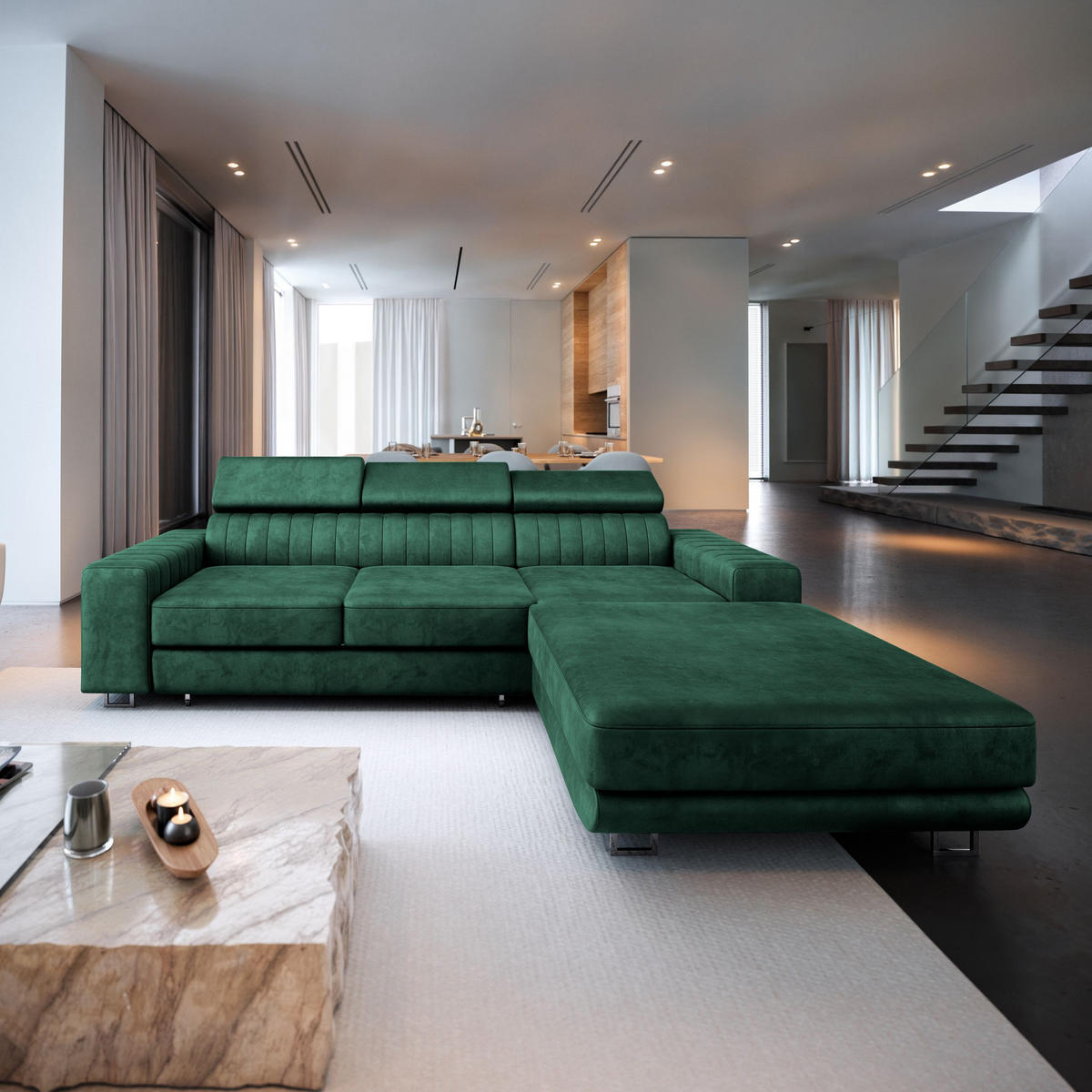 ECKSOFA NOTO R-S Grün Velours-Stoff mit Schlaffunktion - Grün, Holz (267/190cm) - MASSENO