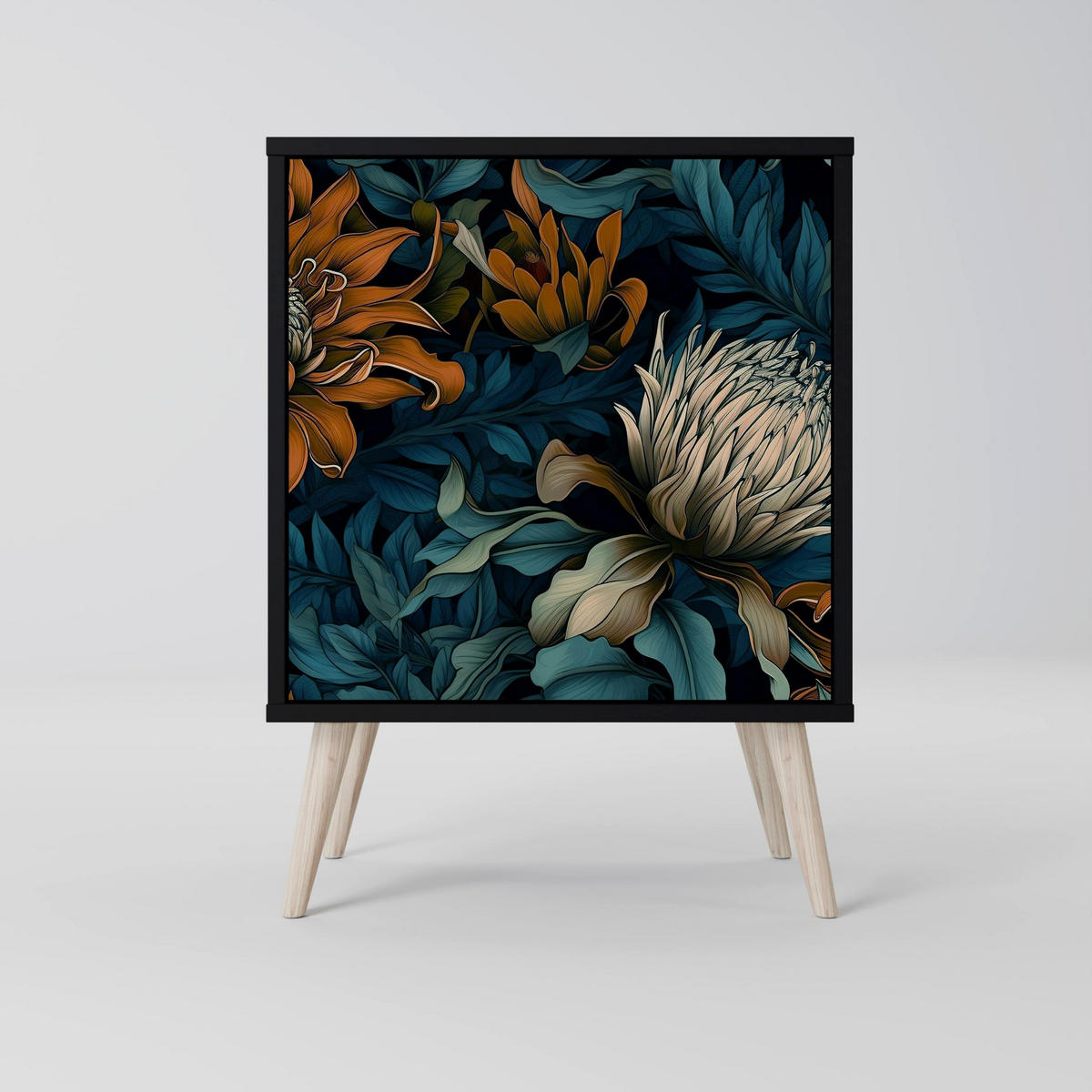 SIDEBOARD MORNING BLOOM, Schwarz, 57,5x42x75,5 cm, Goldfarbene Metallfüße - Goldfarben/Multicolor, Holzwerkstoff/Metall (57.5/75.5/42cm) - SpaceRebels