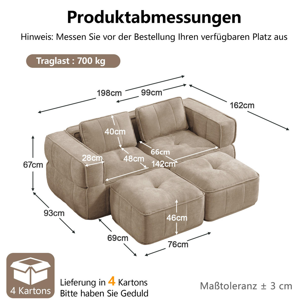 2-SITZER-SOFA DE-34428 modular mit 2 Hockern Sand - Sandfarben, Textil (162/67/198cm) - ComfortXL