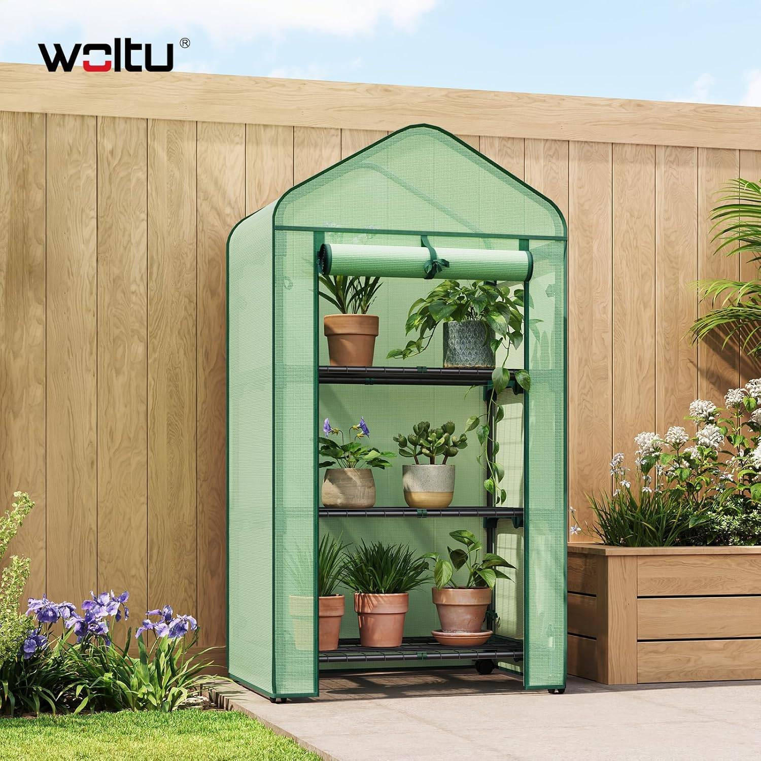 GEWÄCHSHAUS mit Rollen, Foliengewächshaus mit 3 Regalen - Grün, Textil/Metall (70/131/50cm) - Woltu
