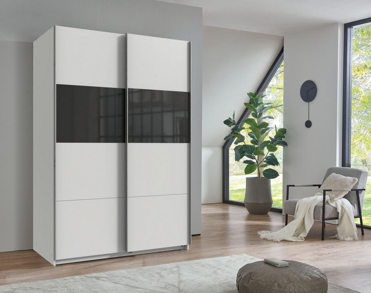 SCHWEBETÜRENSCHRANK Bramfeld in Weiß mit Schwarz Glas 135 x 198 x 65 cm (B x H x T) – Kleiderschrank - Weiß, Holzwerkstoff (80/200/120cm)
